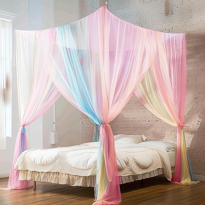 Comtelek Curtains Bed Canopy Rainbow Mosquito Net for Bed Canopy Four Corner Post Elegant Mosquito Net Set, Stick Hook &Profession Rope for net, Screen Netting Canopy Curtains, Full/Queen/King