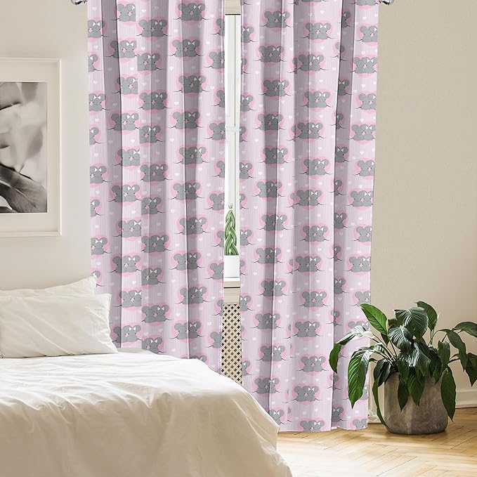 Ambesonne Pink and Grey Window Curtains, Little Mouse Characters with Hearts on Striped Backdrop Cartoon Lovers, Lightweight Decor 2-Panel Set with Rod Pocket, Pair of - 28" x 84", Grey Pink