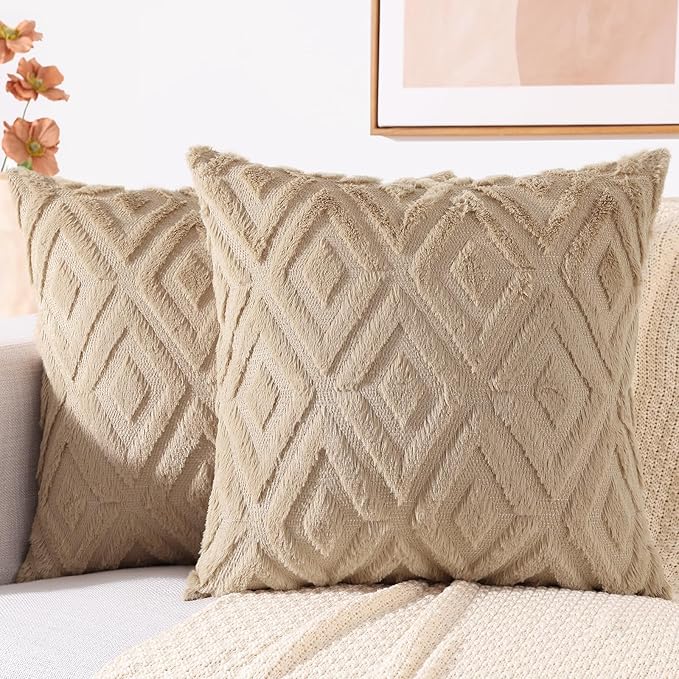 decorUhome Couch Throw Pillow Covers 22x22 Set of 2, Decorative Soft Plush Faux Wool Neutral Accent Pillow Covers for Bed Sofa Living Room, Light Khaki