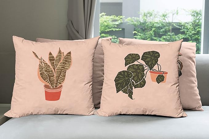 Ambesonne Botanical Throw Pillow Cushion Case Pack of 4, Digital Watercolor Effect Modern Print of House Plants Leaves Pots, Modern Accent Double-Sided Digital Printing, 16", Peach Emerald and Salmon