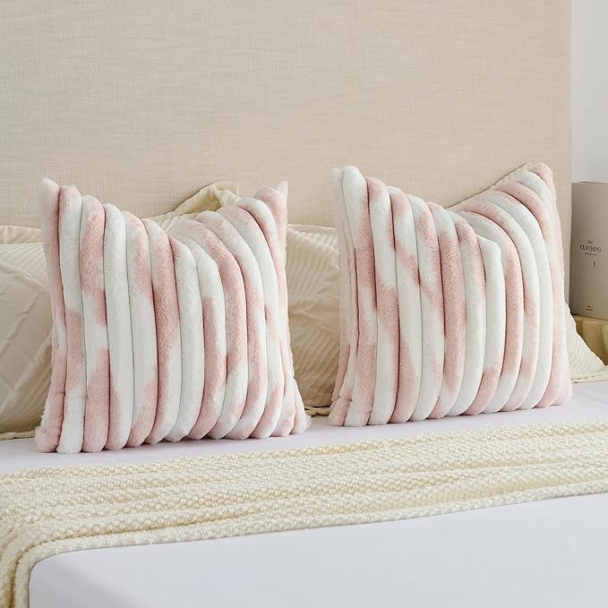 FUTEI Pink Decorative Throw Pillow Covers 26x26 Inch Set of 2, Soft Tie-Dye Faux Rabbit Fur Striped Texture Euro Pillow Sham, Modern Home Decor for Couch Bed Living Room