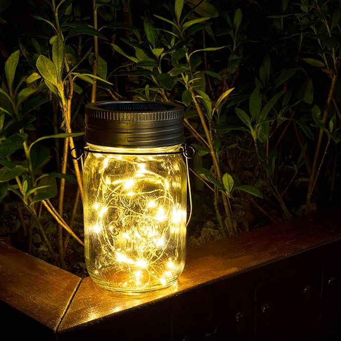 GIGALUMI Hanging Mason Jar Solar Lights, 6 Pack 30 Led Hanging Solar Lanterns Outdoor Waterproof, Hangers and Jars Included, Outdoor Decor for Balcony, Garden, Patio, Yard, Wedding