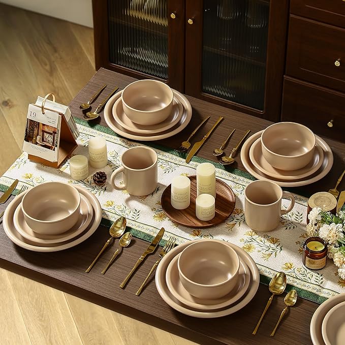 GZG Vintage Series - Ceramic Dinnerware Set for 2, 6 Pieces Stoneware Plates and Bowls Set, Lead-Free, Handcrafted Dishes Set, Microwave & Dishwasher Safe - Warm Apricot