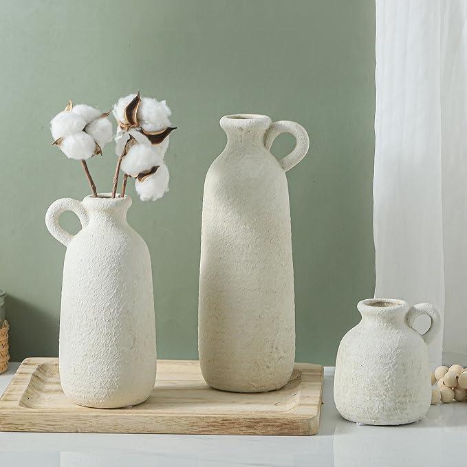 Ceramic Vase Set of 3 with Handle, Neutral Rustic Vases Home Decor Farmhouse Decorative Vase Whitewashed Pottery Decor Modern for Table Mantel Entryway Bookshelf Living Room Kitchen Bedroom - White