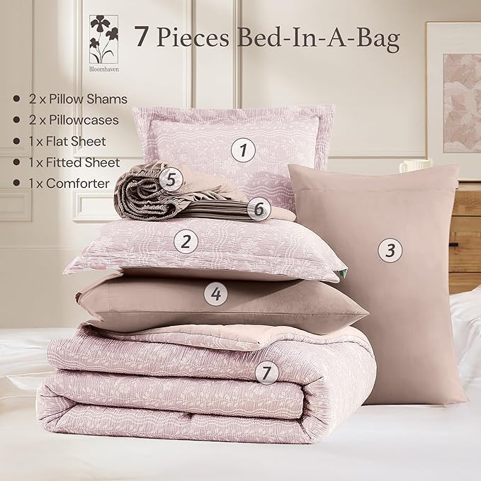 Full Comforter Set -7 Pieces Floral Pink Comforter Set for All Seasons, Bed in a Bag Full with Botanical Flowers Comforter, Sheets, Pillowcases & Shams