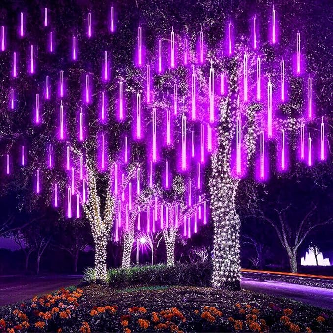 Aukora Purple Outdoor Halloween Lights, UL Plug, 11.8 inch, 8 Tubes, 192 LEDs, Meteor Shower & RainDrop Light, Series-connectable Christmas String Light Outside for Xmas, Tree, Thanksgiving Decoration