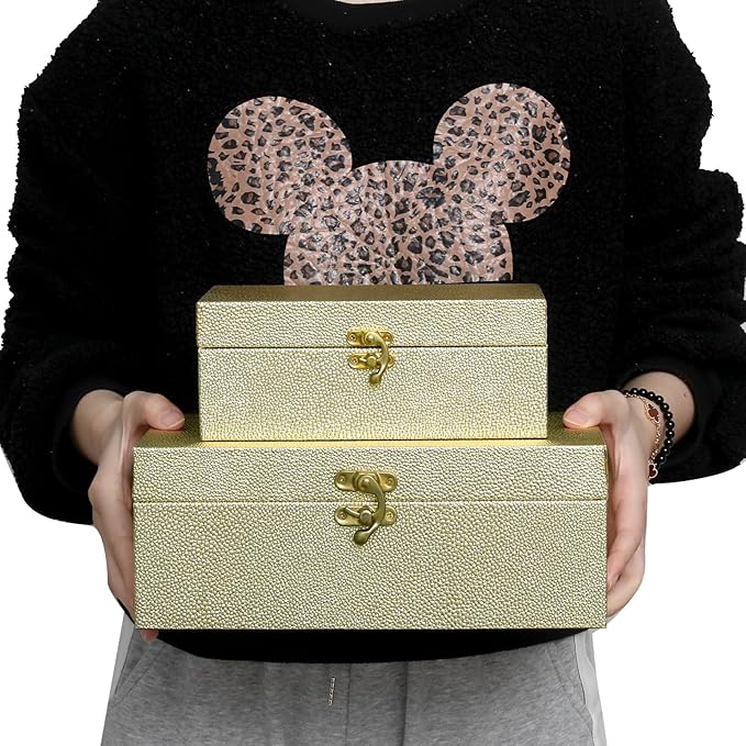 Faux Leather Decorative Storage Boxes Set of 2, Gold
