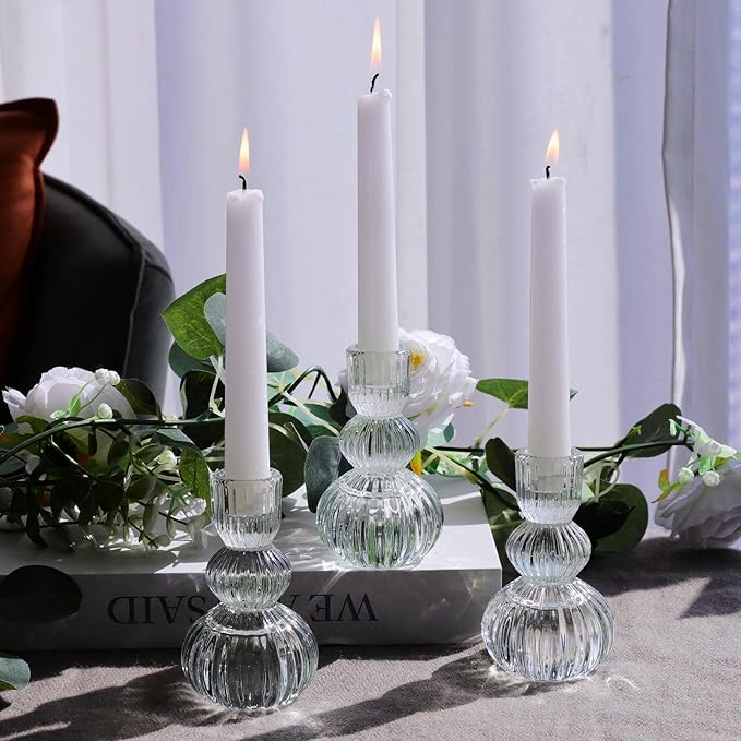 Woho Clear Ribbed Candlestick Holders 4.3" H Set of 6 for Wedding Table Centerpiece, Glass Taper Candle Holders for Holiday Home Decor, Vintage Candle Sticks Holder Decor for Thanksgiving Christmas
