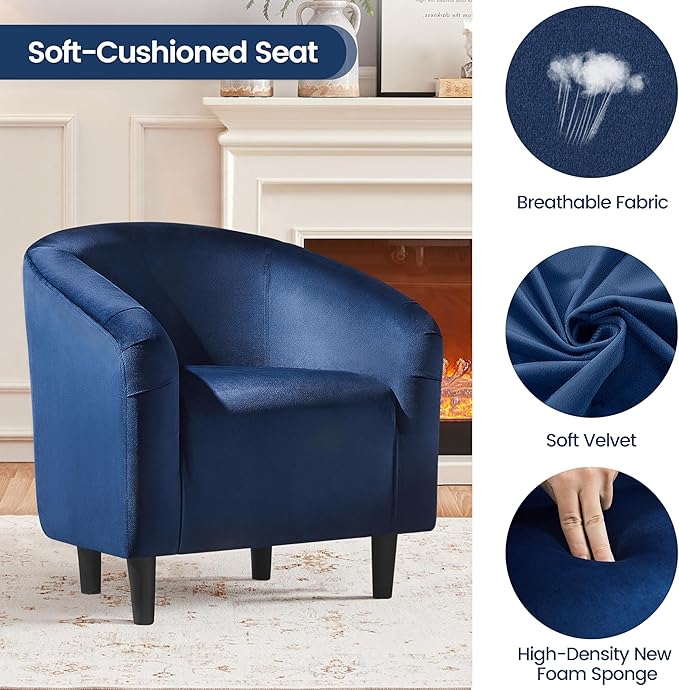 Yaheetech Velvet Accent Chair Set of 2, Barrel Chair for Living Room, Modern Club Chair with Soft Padded Seat and Sturdy Legs for Bedroom Waiting Room Office Reception Room, Navy Blue