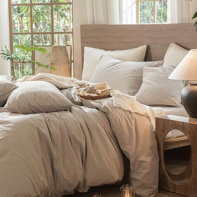 MooMee Wavy Striped Duvet Cover Set 100% Washed Cotton Linen Like Textured Breathable Durable Soft Comfy (Beige, Super Queen 90"x98")