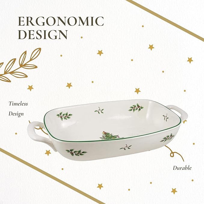 Spode Christmas Tree Oval Breadbasket, 14 Inch x 7.5 Inch Handled Bowl for Fruit, Bread, Cookies - Porcelain Gift, Holiday Serveware & Oven to Table Dish, Dishwasher Safe Tableware