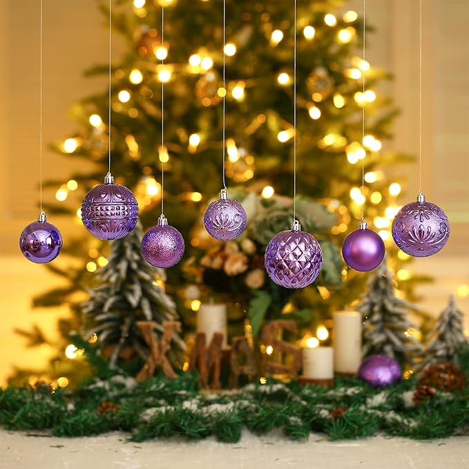Christmas Ball Ornaments Light Purple Christmas Tree Decorations with Hang Rope-36pcs Shatterproof Christmas Ornaments Set with 6 Styles in 3 Sizes(Small Medium Large)