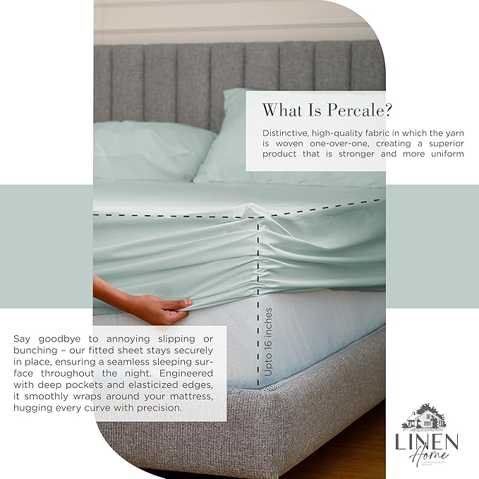 Linen Home 100% Cotton Percale Sheets King Size, Pastel Turk, Deep Pocket, 4 Pieces Set - 1 Flat, 1 Deep Pocket Fitted Sheet and 2 Pillowcases, Crisp Cool and Strong Bed Linen