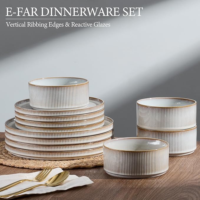 E-far Stoneware Dinnerware Sets, 18-Pieces Modern Plates and Bowls Sets, Kitchen Dinning Porcelain Dishes Set for 6, Chip & Scratch Resistant, Dishwasher & Microwave Safe, Creamy Beige