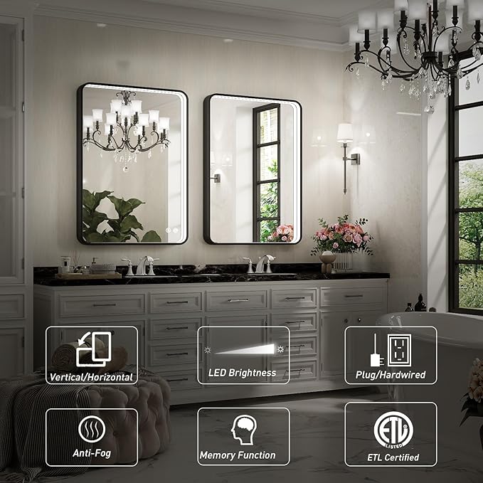 36x24 Inch LED Bathroom Mirror with Lights, Black Metal Frame Mirror, Wall Mounted Lighted Vanity Mirrors for Wall, Anti Fog Dimmable Led Mirror for Makeup