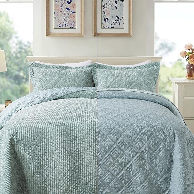 HoneiLife Queen Quilt Bedding Set - 3 Pieces Corduroy Quilt Sets Luxurious Bedspreads Embroidered Coverlets Autumn & Winter Bedding Set All Season Quilts-Mint Green