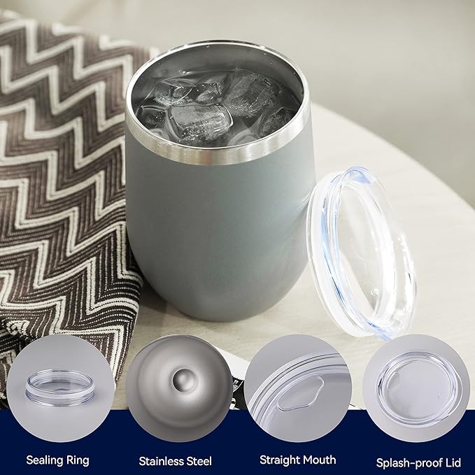 DOMICARE Stainless Steel Wine Tumbler Bulk with Lid, Personalized Insulated Tumblers Set, 12oz Travel Coffee Cups Pack of 1, Gray