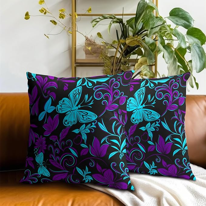 Teal Purple Butterfly Pillow Covers - Butterflies Throw Pillow Covers Floral Pillowcases Flowers Cushion Cover for Sofa Bedroom Patio 16x16 Inch