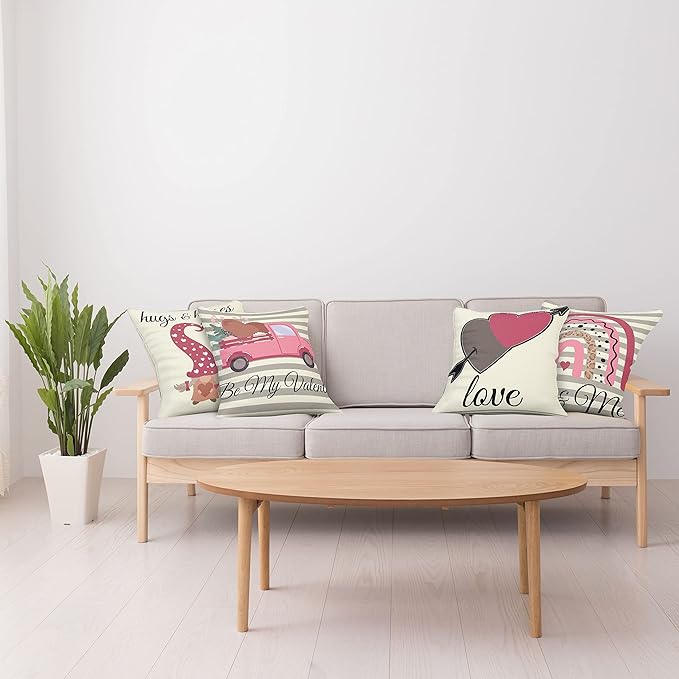 Ambesonne Romantic Throw Pillow Cushion Case Pack of 4, Love Hearts Arrow You and Me Be My Valentine Hugs Kisses Lettering Print, Modern Accent Double-Sided Digital Printing, 24", Ivory Taupe and Pink