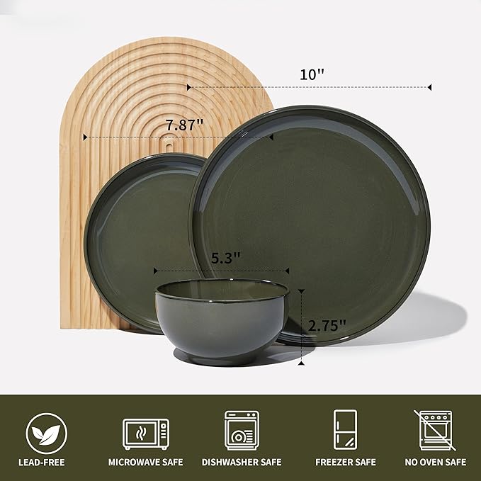 18 Piece Dinnerware Set for 6, Reactive Glaze Terracotta Plates and Bowls Set, Large Family-Sized Stoneware Dish Set for Gatherings, Chip and Scratch Resistant, Blackish Green