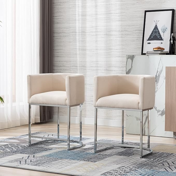 Modern Counter Height Linen Upholstered Bar Stool, 24" Kitchen Counter Island Stool Bar Chairs with Chrome Finish Metal Frame for Kitchen Island, Cream