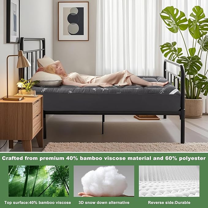 BEDLORE Twin XL Mattress Topper Viscose Derived from Bamboo, Thick Pillow Top Mattress Pad with Deep Pockets for 6-15 inches Mattress, Soft Mattress Topper College Dorm Size for Back Pain(Dark Gray)
