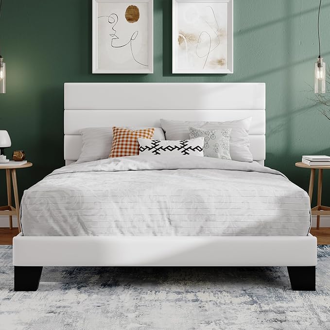 SHA CERLIN Queen Platform Bed Frame with Velvet Upholstered Headboard, Mattress Foundation with Strong Wooden Slats Support, No Box Spring Needed, White