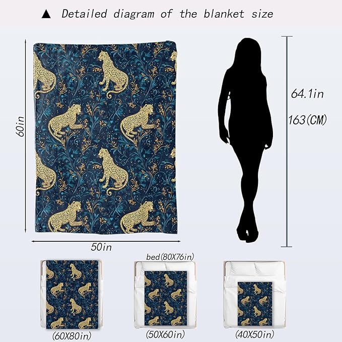 Leopard Blanket - Elegant Golden Leopards Dark Blue Fleece Throw,Gifts for Kids Adult, Soft & Warm,Lightweight, for Modern Rustic Art Decor, Animal Lovers, and Room Home Accents 60x80in