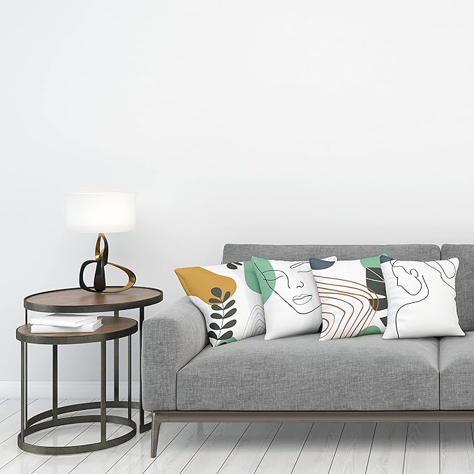 Ambesonne Minimal Throw Pillow Cushion Case Pack of 4, Modern Line Art Woman Portrait with Contemporary Leafy Geometric Details, Modern Accent Double-Sided Digital Printing, 16", Sea Green Slate Blue