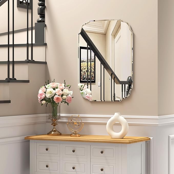KOHROS Silver Bathroom Mirror 18" x 24" Frameless Rectangle Beveled Edge Bathroom Vanity Mirror for Over Sink, Wall Mirror for Small Bathroom Vanity Bedroom Hanging Horizontally or Vertically