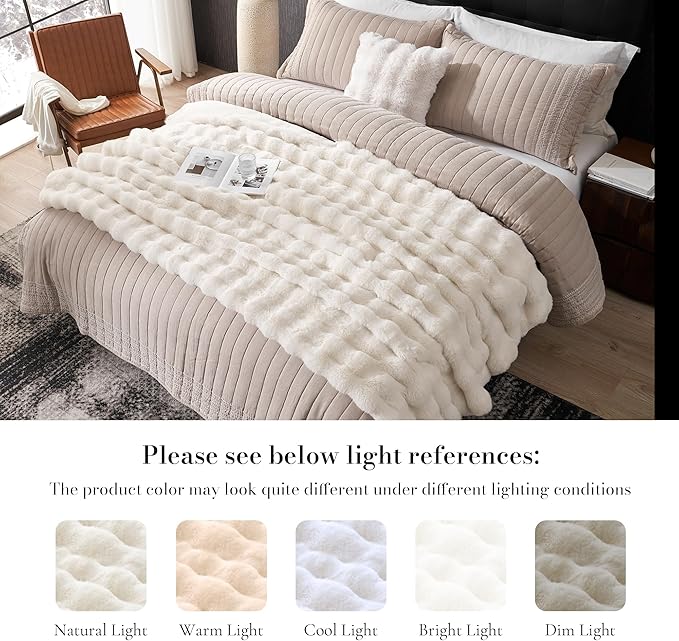 Amélie Home Faux Fur Throw Blanket for Bed, Ultra Soft Fuzzy Plush Bubble Blanket for Bedroom & Bed Decor, 90"x90", Cream White