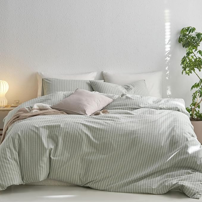 MooMee Striped Duvet Cover Set 100% Washed Cotton Linen Like Textured Breathable Durable Soft Comfy (Sage Green White Wide Stripes, Queen 90"x90")