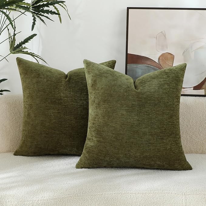 Sage Green Chenille Decorative Couch Throw Pillow Covers, Soft Cushion Cases for Home Livingroom Sofa Décor, Pack of 2, 20 x 20 Inches