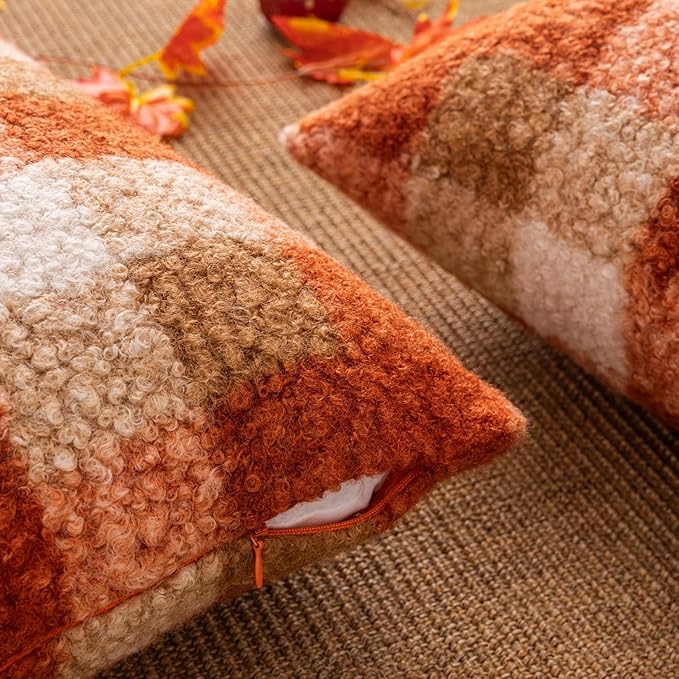 Orange Plaid Fall Throw Pillow Covers 24x24 Inch Set of 2, Boucle Decorative Pillow Covers,Cozy Fluffy Home Living Room Farmhouse Decor for Sofa Couch Bed