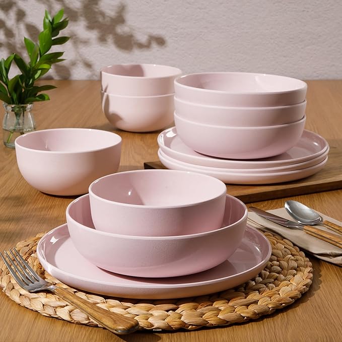 Gibson Home Candy Skies 12 Piece Unbreakable Wheat Straw Melamine Plates and Bowls Dinnerware Set - Outdoor, Camping, & Everyday Use - Matte Exterior/Shiny Interior Pink