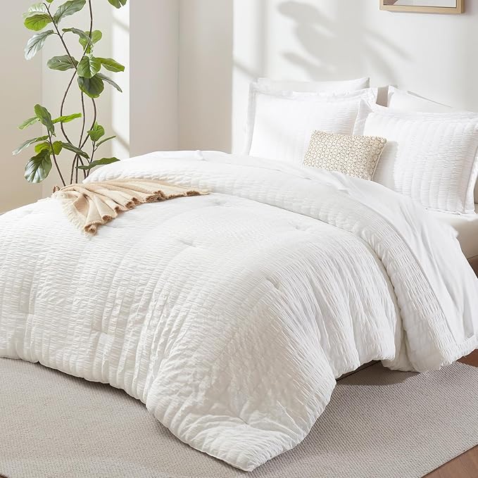CozyLux Queen Comforter Set White Seersucker 7 Pieces Bed in a Bag Queen Comforter Set with Sheets, Luxury Soft Bedding Set with Down Alternative Comforter, Sheets, Pillowcases & Shams for All Seasons