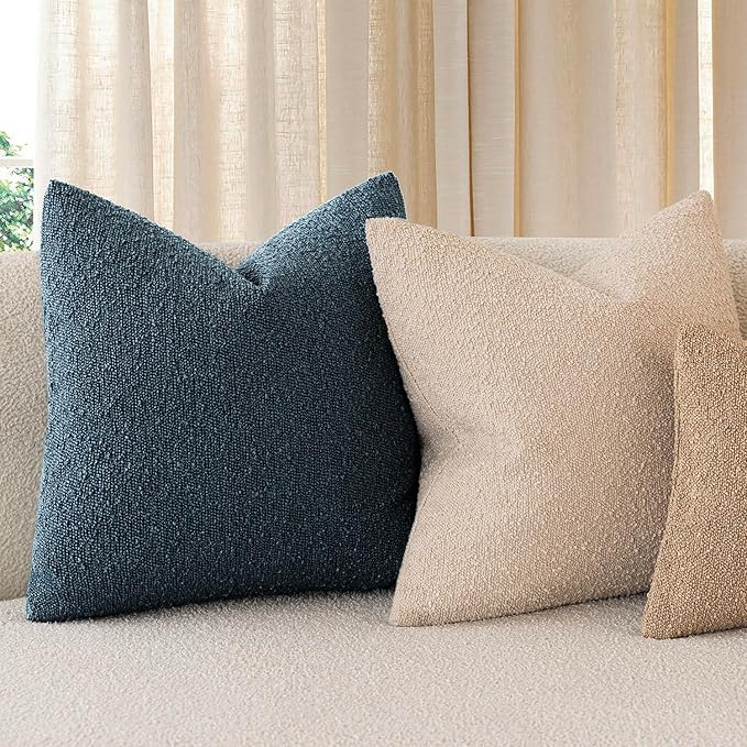 Foindtower Decorative Textured Boucle Throw Pillow Covers Accent Solid Pillow Cases Neutral Soft Cozy Couch Cushion Case for Chair Sofa Bedroom Living Room Home Decor 24x24 Inch,1PC,Dark Blue