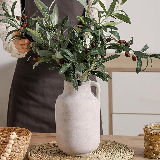 Ceramic Flower Vase Home Decor - 9.7 inch Large White Rustic Table Flowers Vases Living Room Bedroom Plant Decoration Farmhouse Vintage for Kitchen Shelf Office Coffee Dining Desk House Women