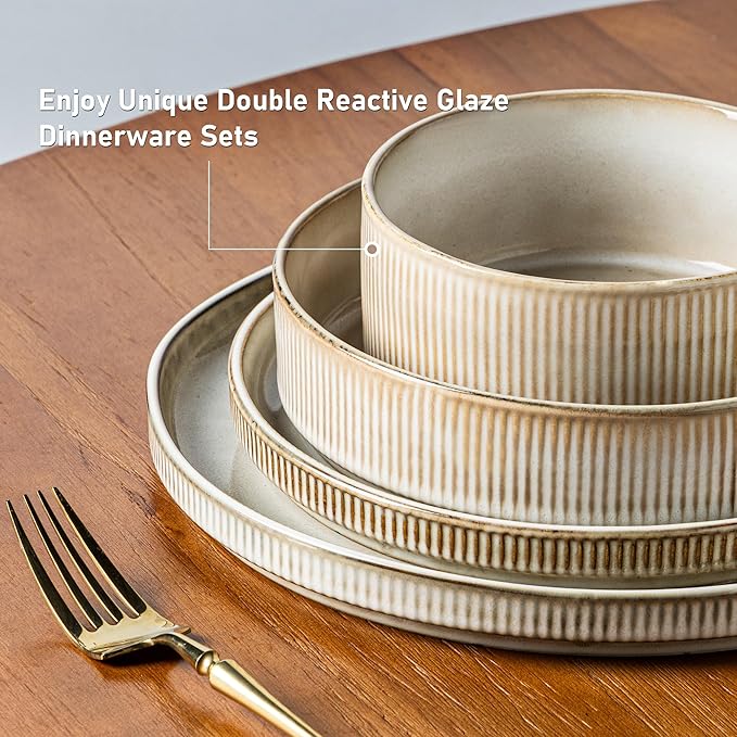 GBHOME Stoneware Dinnerware Sets for 8,Round Reactive Glaze Ceramic Plates and Bowls Set,Highly Scratch Resistant| Dishwasher & Microwave Safe Dishes Set,Service for 8(24pc)