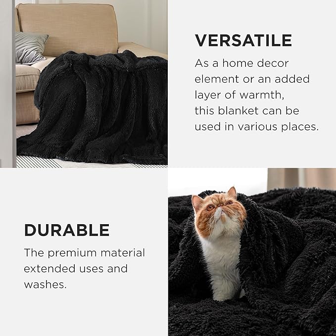 Bedsure GentleSoft Fluffy Black Blankets Queen Size for Bed, Thick Sherpa Faux Fur Fleece Fuzzy Plush Winter Warm Soft Full Queen Blankets, Bedroom Decor Black Gifts Cozy Gifts for Women Men, 90x90