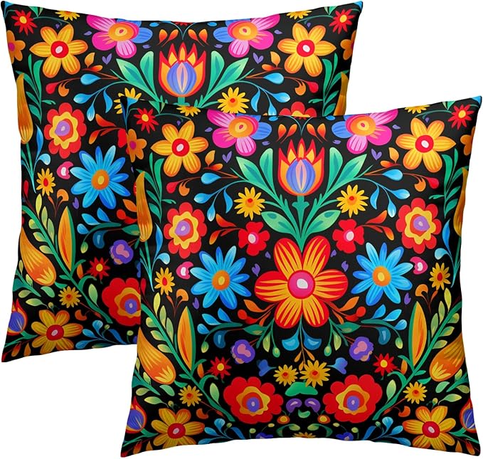 Mexican Flowers Throw Pillow Covers - Mexico Pillow Covers 20x20 Set of 2 Colorful Floral Pillowcase Botanical Blossom Cushion Case for Sofa Couch Outdoor Porch