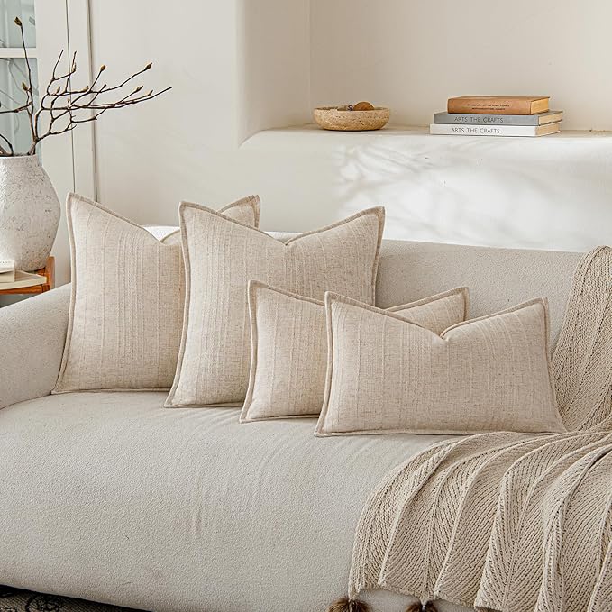 a moment Linen Pillow Covers Set of 2,Boho Farmhouse Throw Pillowcases Neutral Textured Decorative Covers for Couch Sofa Bed, Soft Linen Blend Accent Case Cushion Living Room Home Decor 20"x12"Ivory