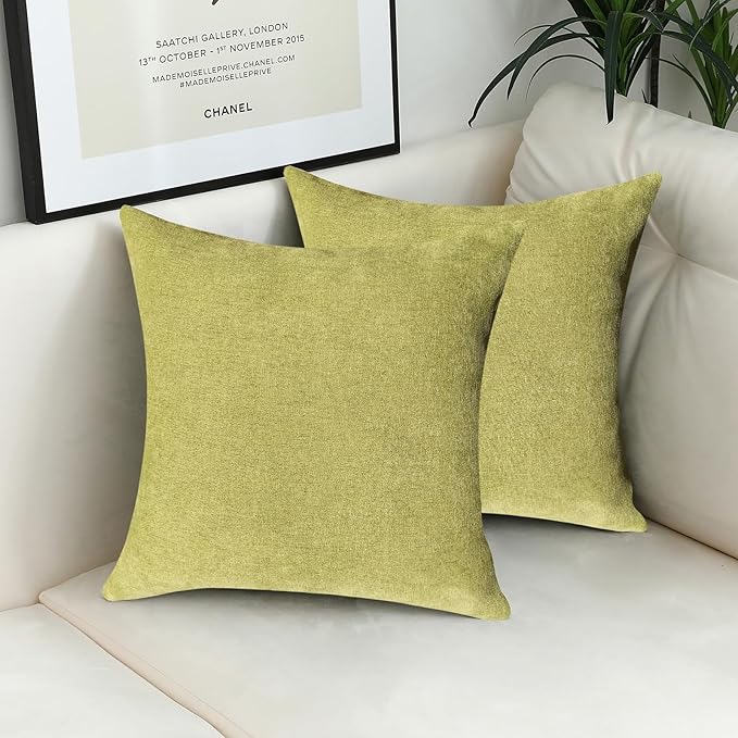 Jeneoo Decorative Grass Green Throw Pillow Covers Square Chenille Comfy Solid Cushion Couch Cases for Home Livingroom Sofa Decor (Set of 2, 20 x 20 Inches)
