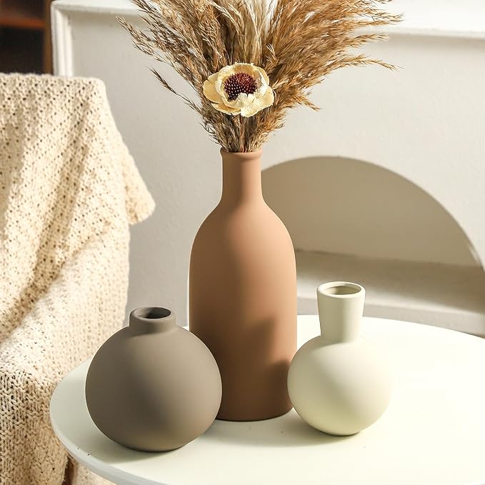 Vase Set of 3 | Ceramic Neutral Vases Home Decor | Rustic Flower Pottery Vases Modern Farmhouse Vase for Table Entryway Mantel Centerpiece Bookshelf Living Room Bathroom Bedroom -Brown Large