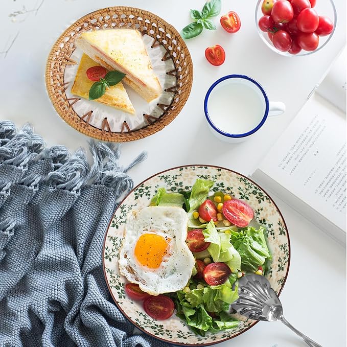 10"Ceramic Large Salad Serving Bowl with Serving Utensil & 7.8"Round Rattan Tray with Mother of Pearl Inlay for Vegetables, Fruit, Baking, Dessert, Kitchen, Party Diy, Pre Meal and Serve Dishes