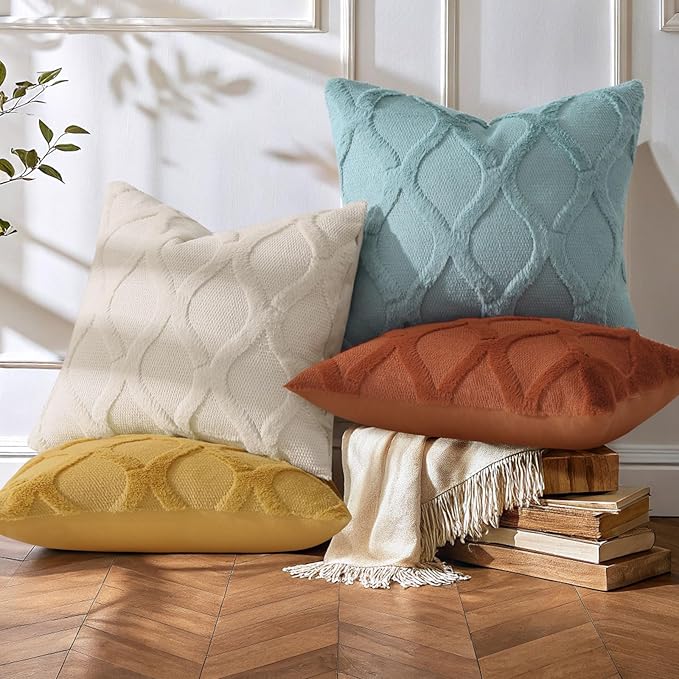 decorUhome Set of 4 Throw Pillow Covers 16x16 Inch, Neutral Decorative Soft Plush Faux Wool Couch Pillow Covers, Farmhouse Pillow Cases for Living Room Bed Sofa (Beige/Rust)