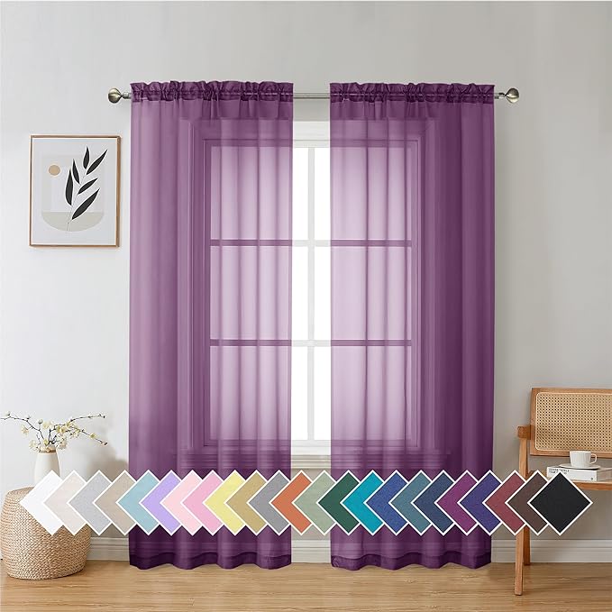 Aiyufeng Plum Purple Sheer Curtains 72 Inches Long 2 Panels Set, Solid Voile Top Dual Rod Pockets Stylish Breathable Drapes Window Treatment for Kid's Room/Bedroom/Living Room, 42W x 72L inches