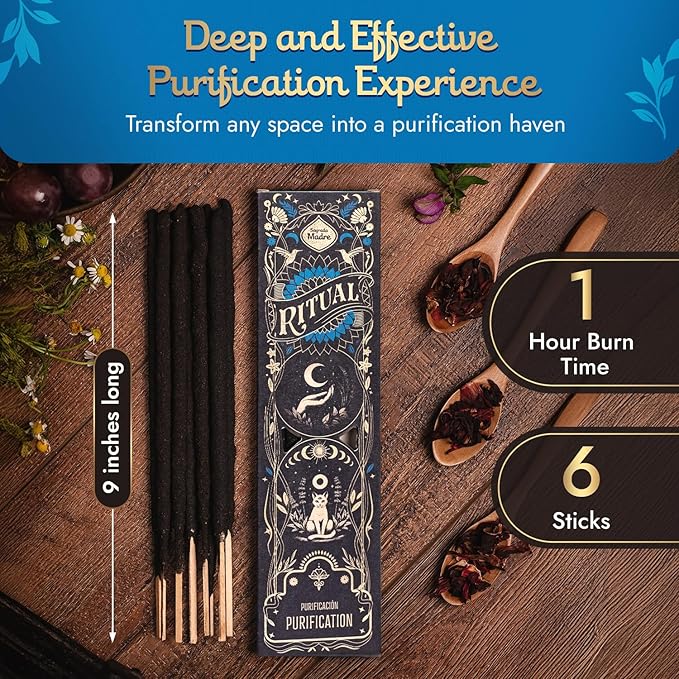 Ritual - Purification Incense Sticks, Purifying Comforting Aroma, 6 Sticks, 9 Inches Each, Natural Incense with Aromatic Concentrated Oil, Charcoal, Natural Binder & Salt - 1 Hour Burn Time