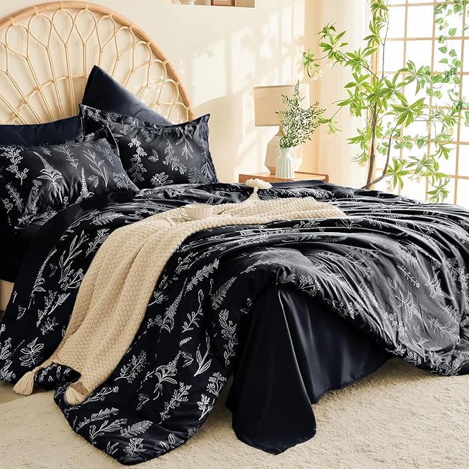 MUXHOMO Black King Comforter Set, Elegant Floral Print Bed in a Bag 7 Pieces, Ultra Soft & Breathable Reversible Botanical Pattern Bedding Set with Comforter, Sheets, Pillowcases, and Shams
