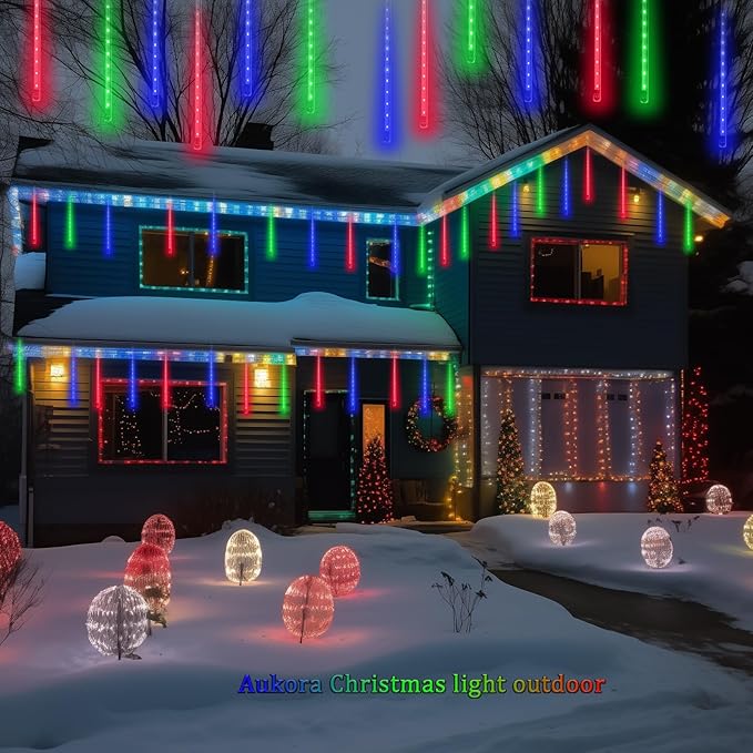 Aukora Christmas Lights Outdoor, UL Plug Halloween Lights Outside, LED Meteor Shower Light, 11.8in 8 Tubes 192 LEDs for Xmas, Wedding, Party, Holiday, Garden, Tree Decoration（Blue、Red、Green